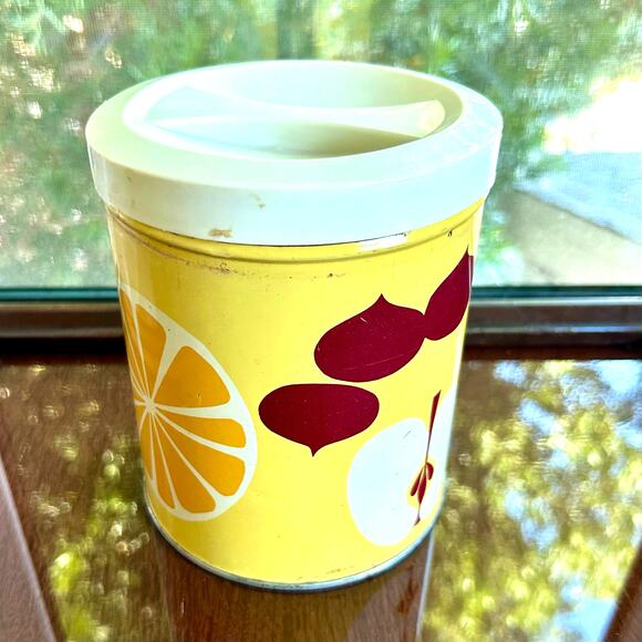 Vintage Procter & Gamble Atomic Fruit Print Canister Tin with Lid, 60s/70s - Picture 1 of 12